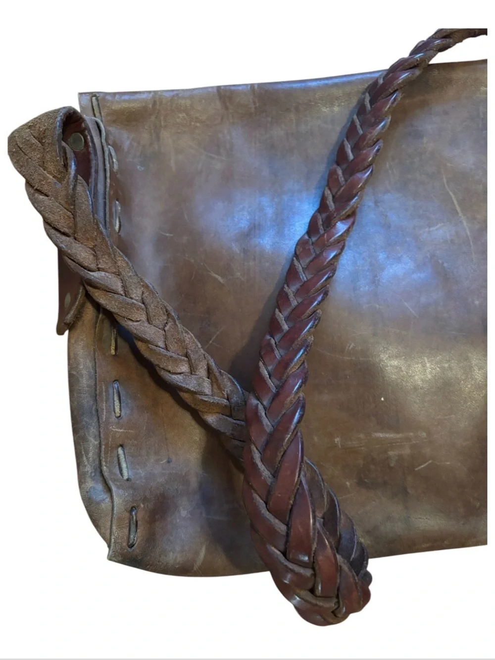 Large Brown Handmade Leather Satchel With Braided Sturdy Strap | Hippie Travel